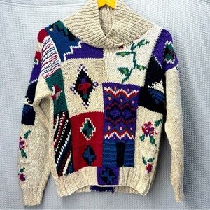 Vintage Woolrich Aztec Hand Knit Sweater Med Womens Abstract Floral 80s